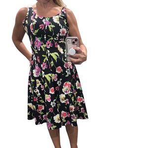 Chaps Womens Black Floral Fit and Flare Sleeveless Knee Length Dress Size 8
